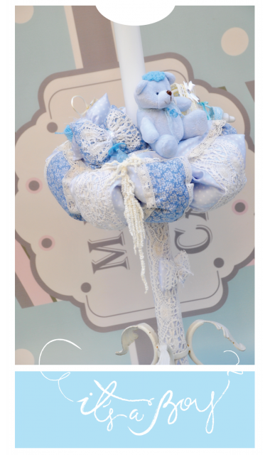 Lumanare de botez albastra cu ursulet si dantela alba pentru baieti , 65x4cm, Good Luck Boy  4